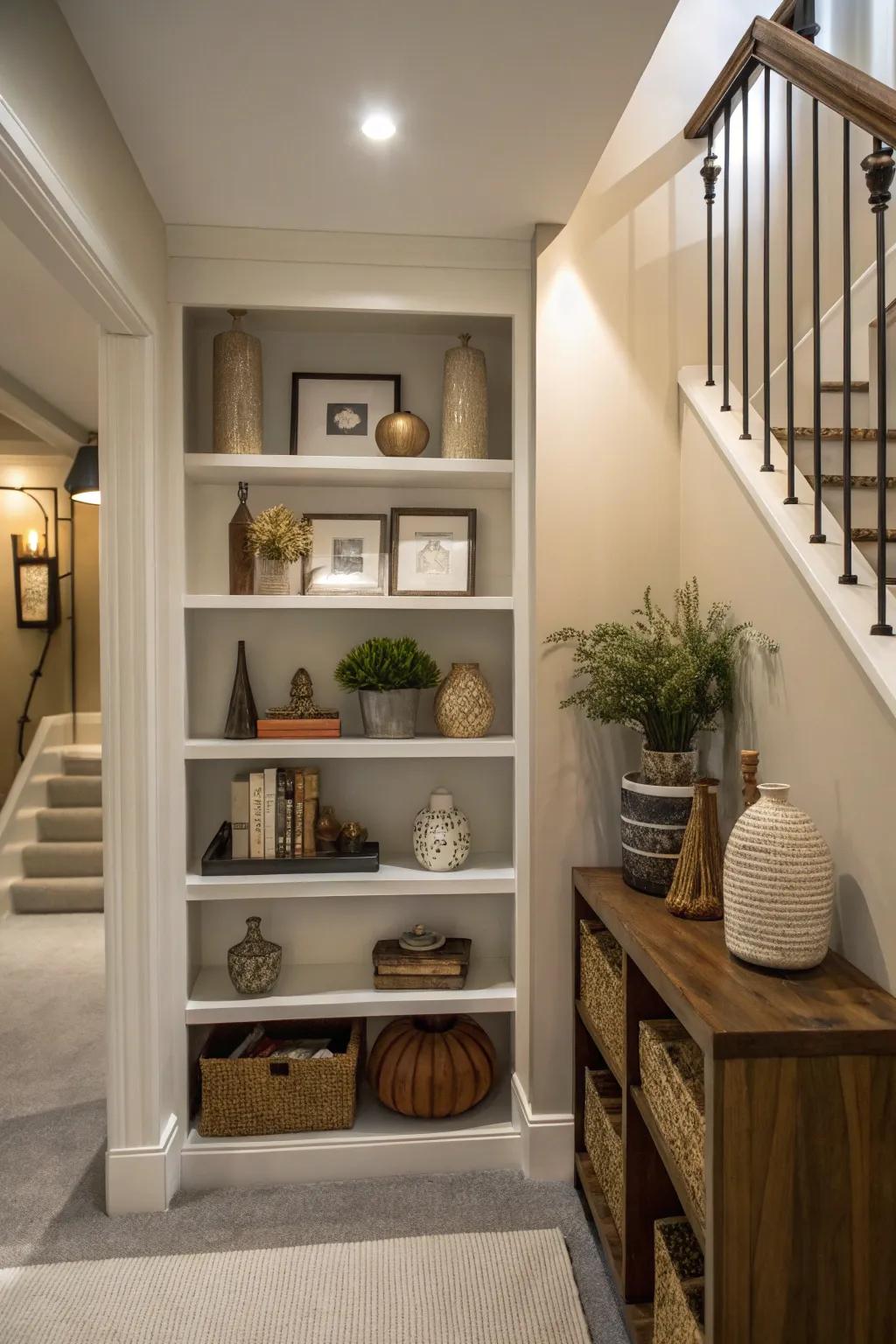 Shelving incorporates both dimension and functionality to diminutive landings.
