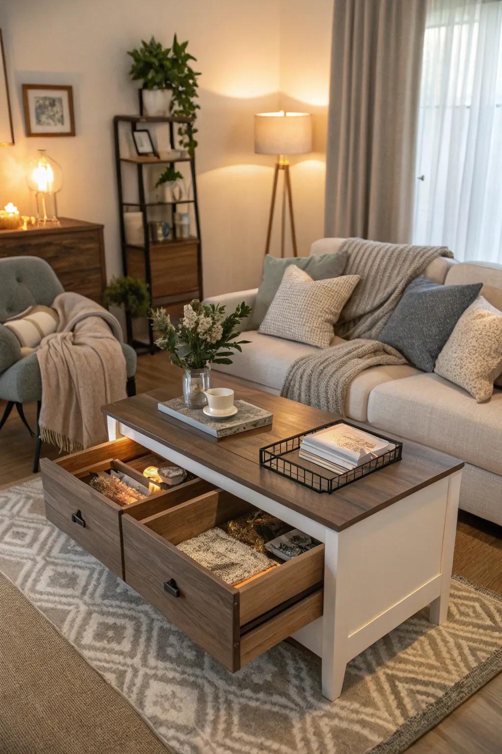 A coffee surface with storage assists in upholding a clutter-free ambiance.