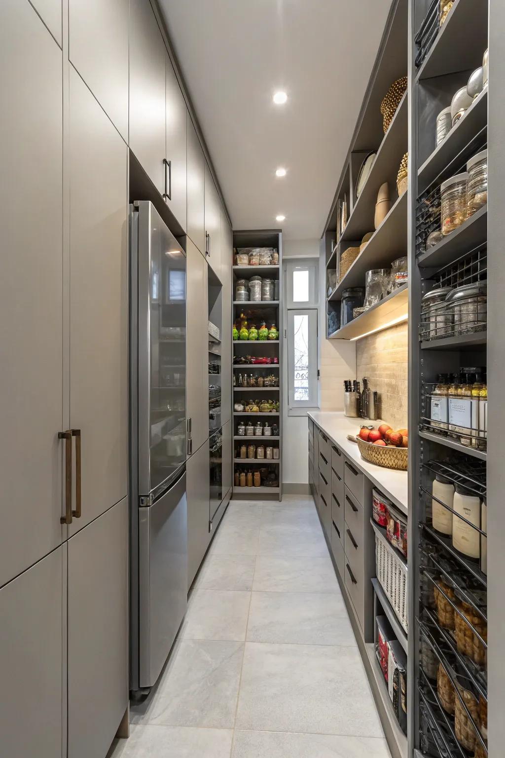Elevated storage optimizes space within this slender kitchen.
