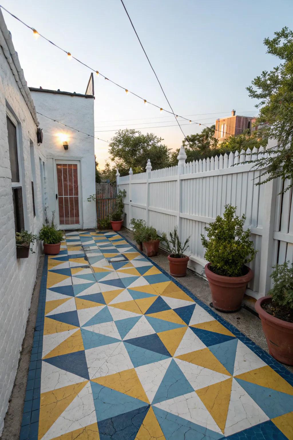 A painted geometric floor design imparts style to a patio.