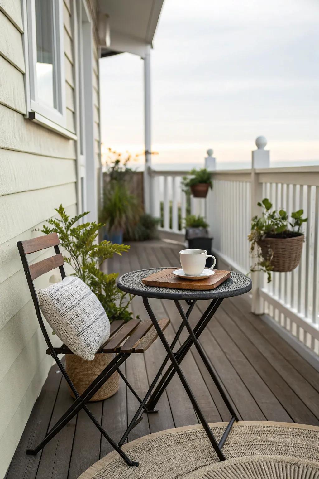 A petite circular table on a side porch, perfect for leisurely moments.