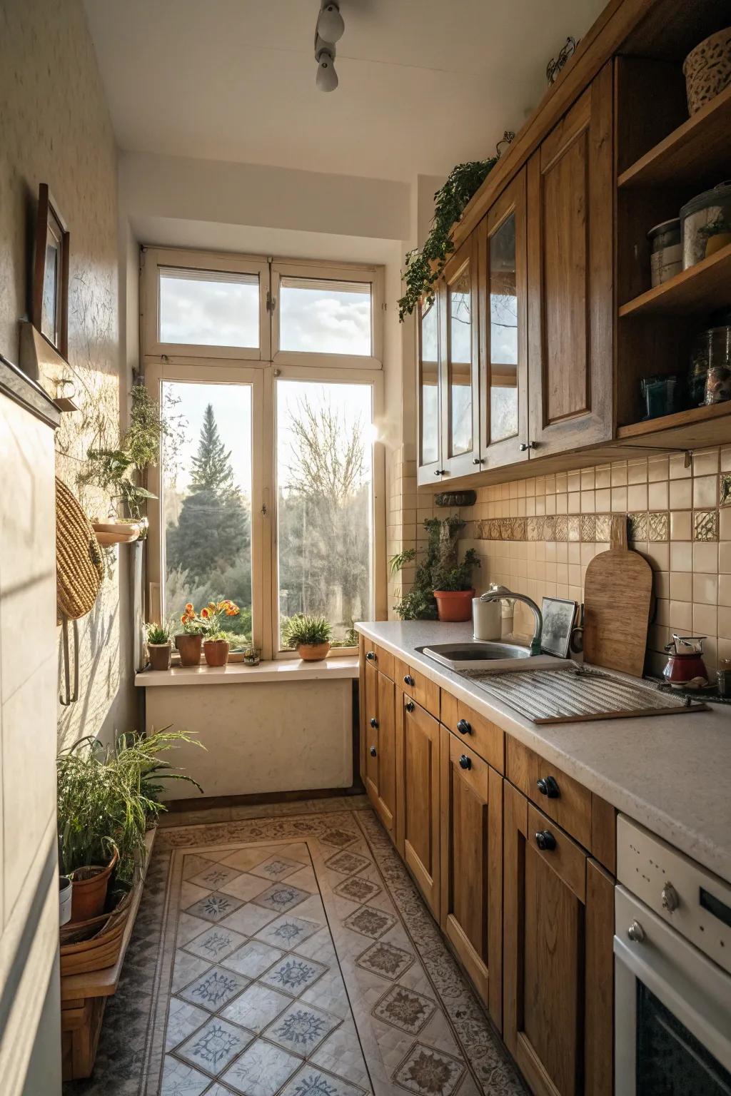 Inherent illumination accentuating the spacious semblance of a compact kitchen.