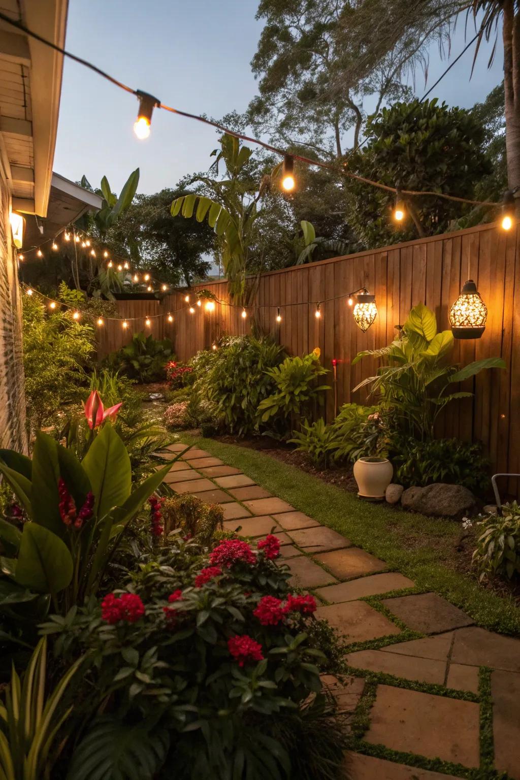 Soft lighting sets a tropical mood in a cozy garden setting.