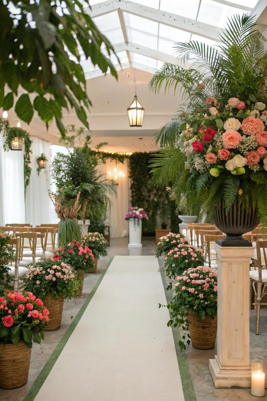 A lush garden setting fashioned indoors with potted flora and blossoms.