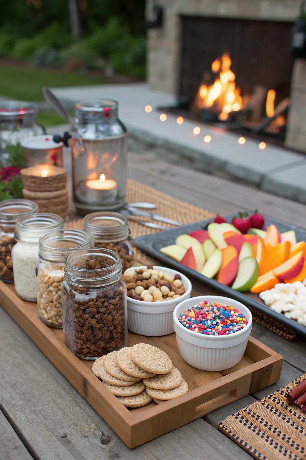 An interactive topping station adds fun and variety to your s'mores bar.