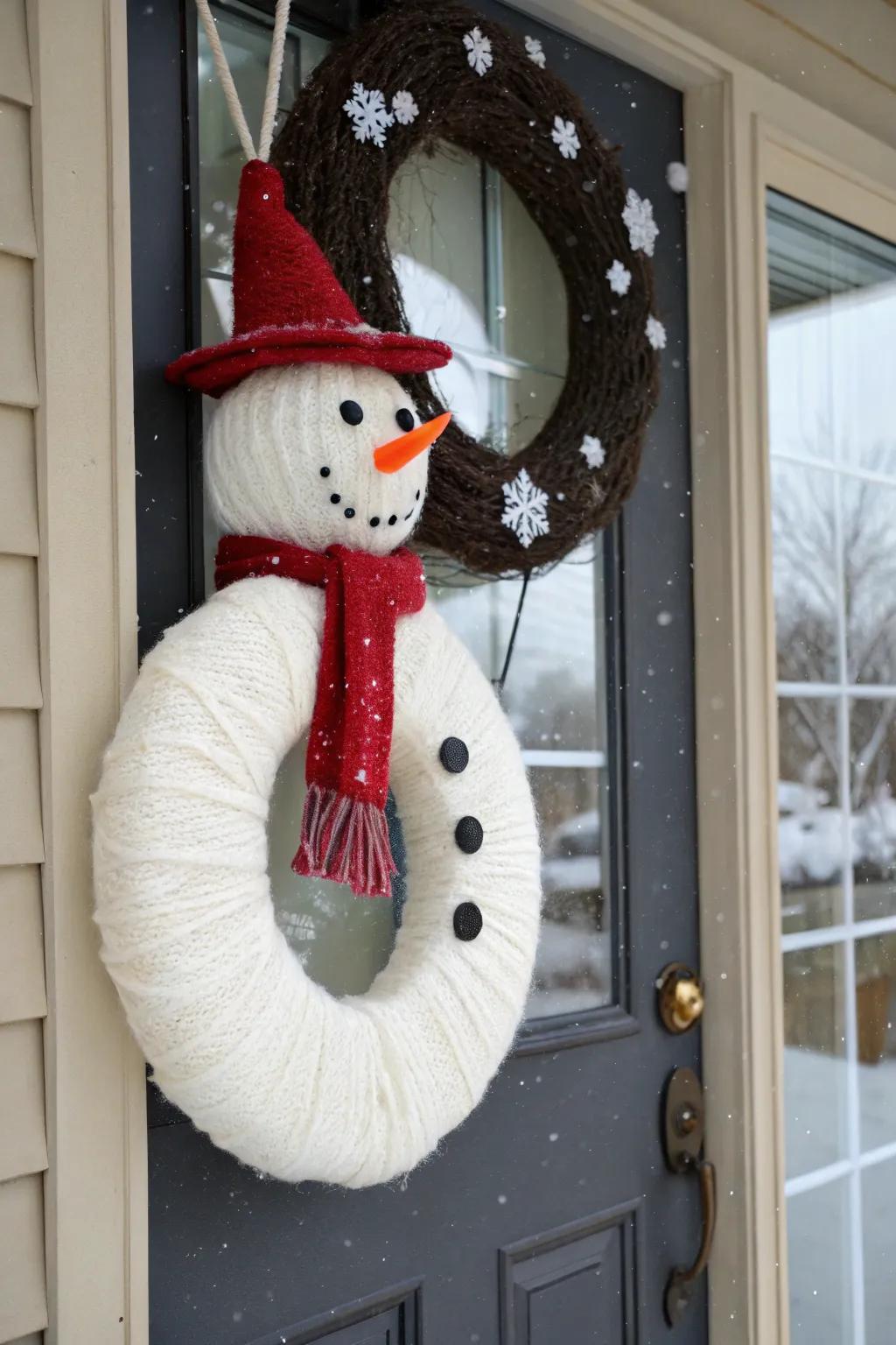 A snowman wreath greets guests with warmth and joy.