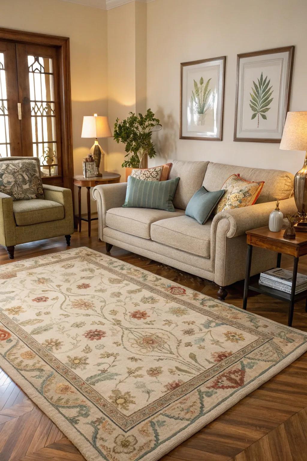 A rug adds cohesion and warmth to the seating area.