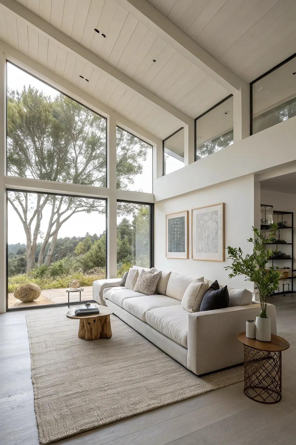 Low-profile sofas create an airy and open living space.