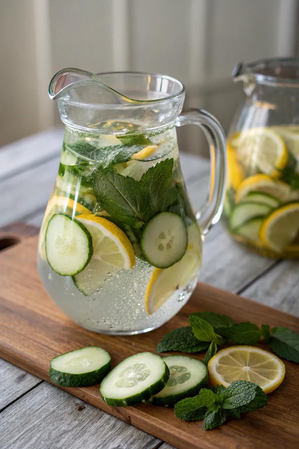 Infused water with cucumber, lemon, and mint keeps you refreshed and hydrated.