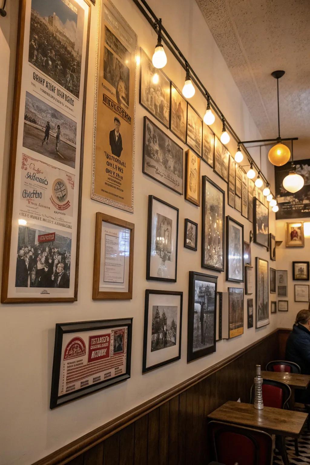 Framed art and posters enhance the historical setting of your speakeasy decor.
