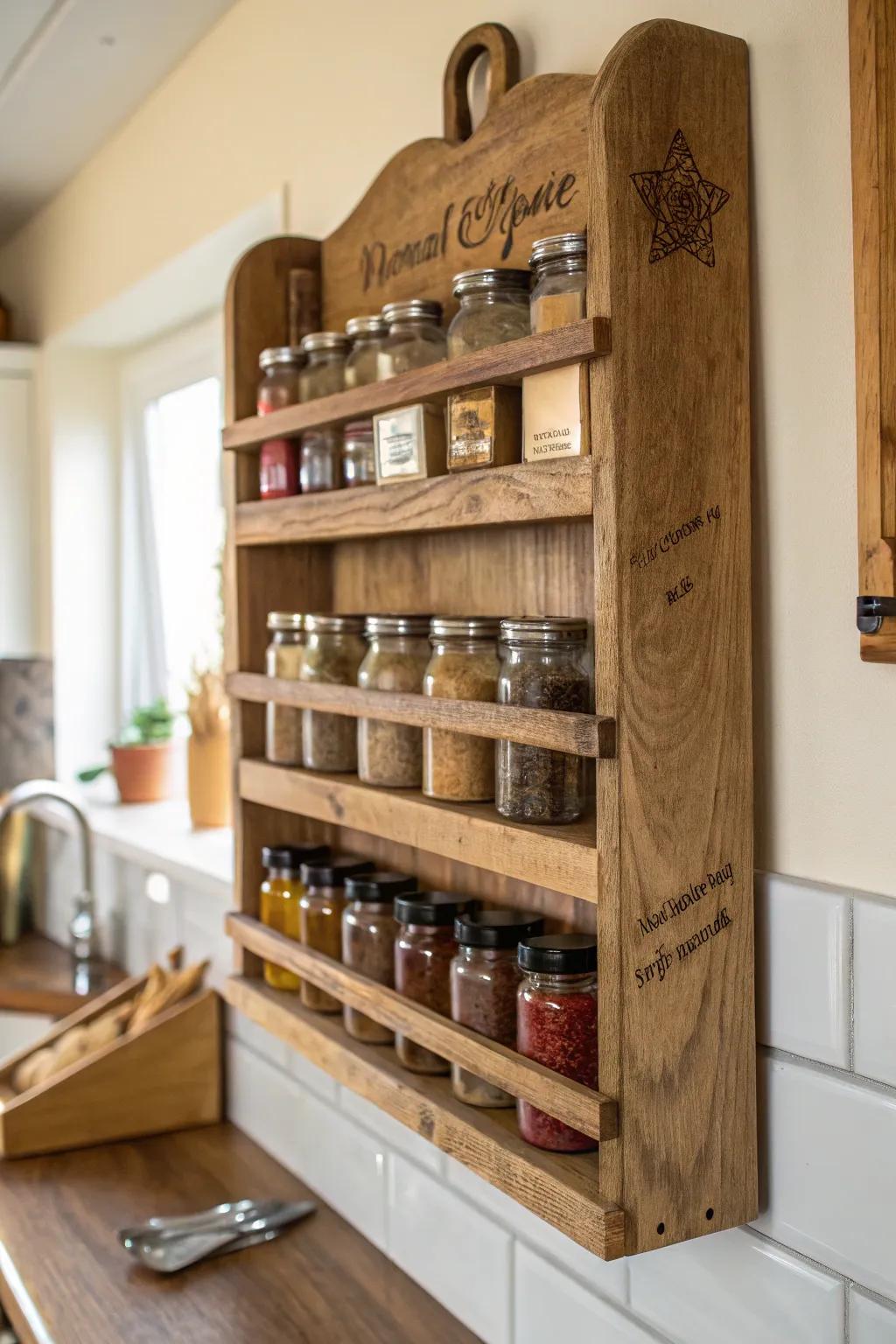 A charming spice rack made from upcycled material.