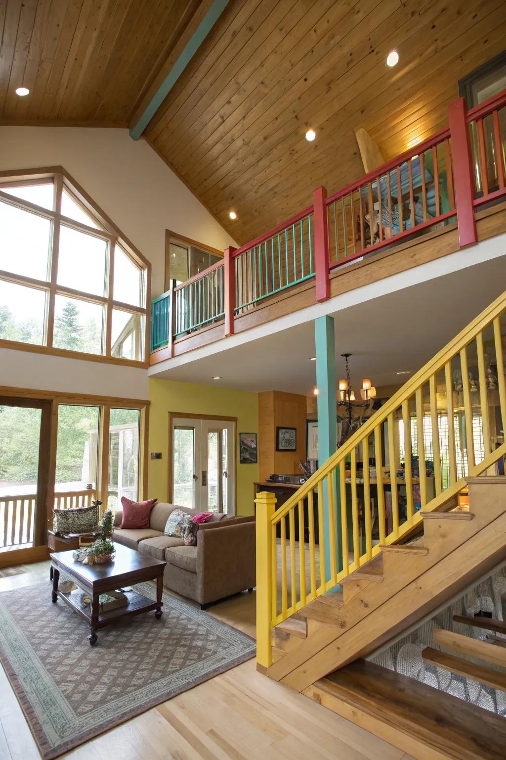 Brightly painted railings adding a playful touch to a split-level home.