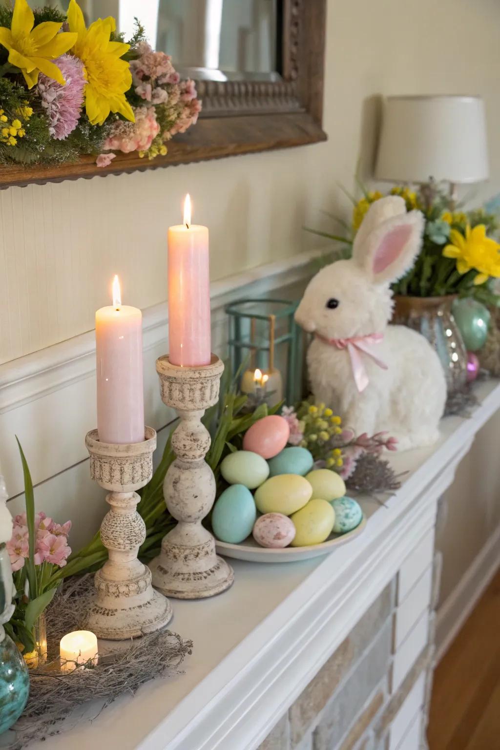 Candles generating a warm and inviting atmosphere on the mantel.