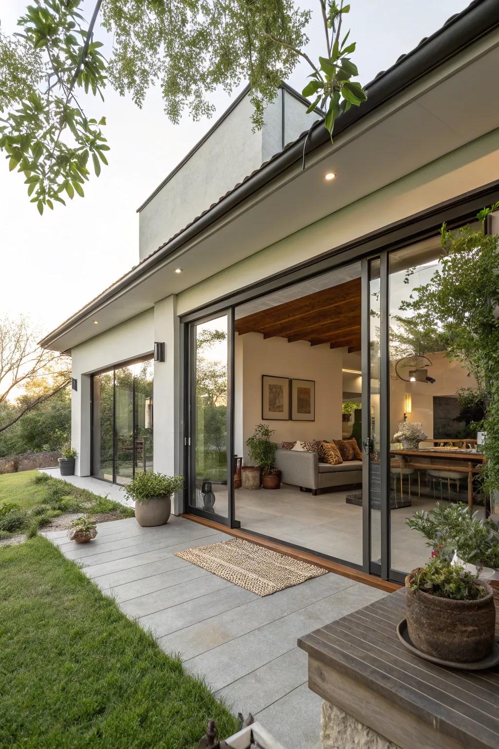 Uninterrupted fusion of indoor and outdoor living spaces in a square-shaped home design.