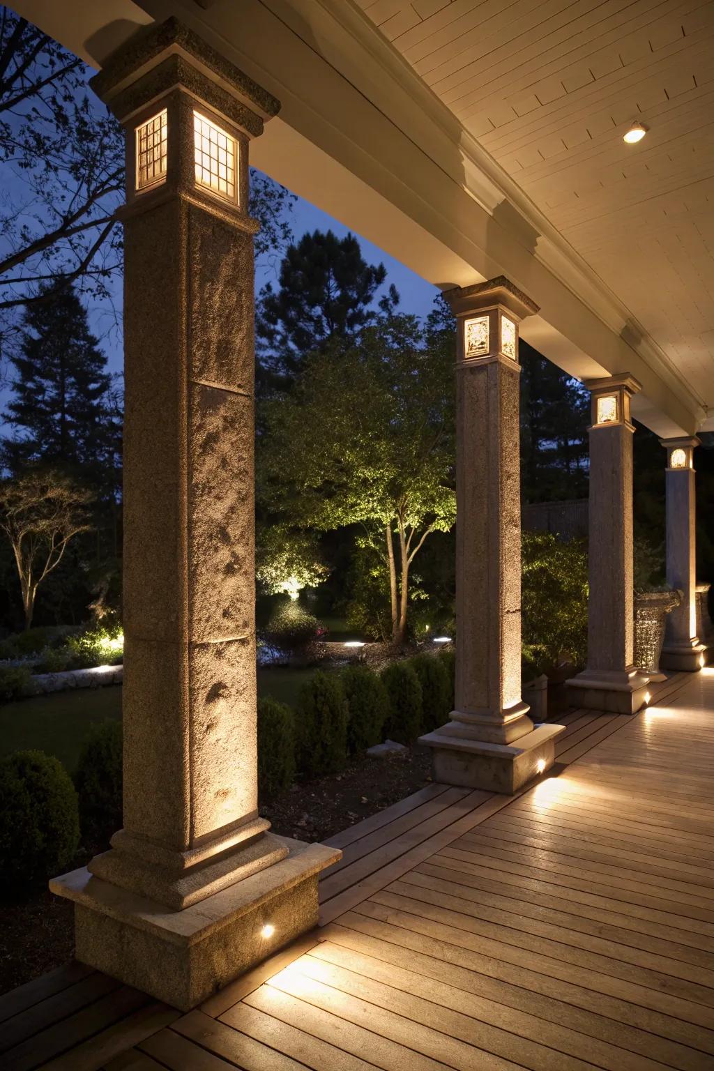 Lighting integrated into square columns makes a welcoming radiance.