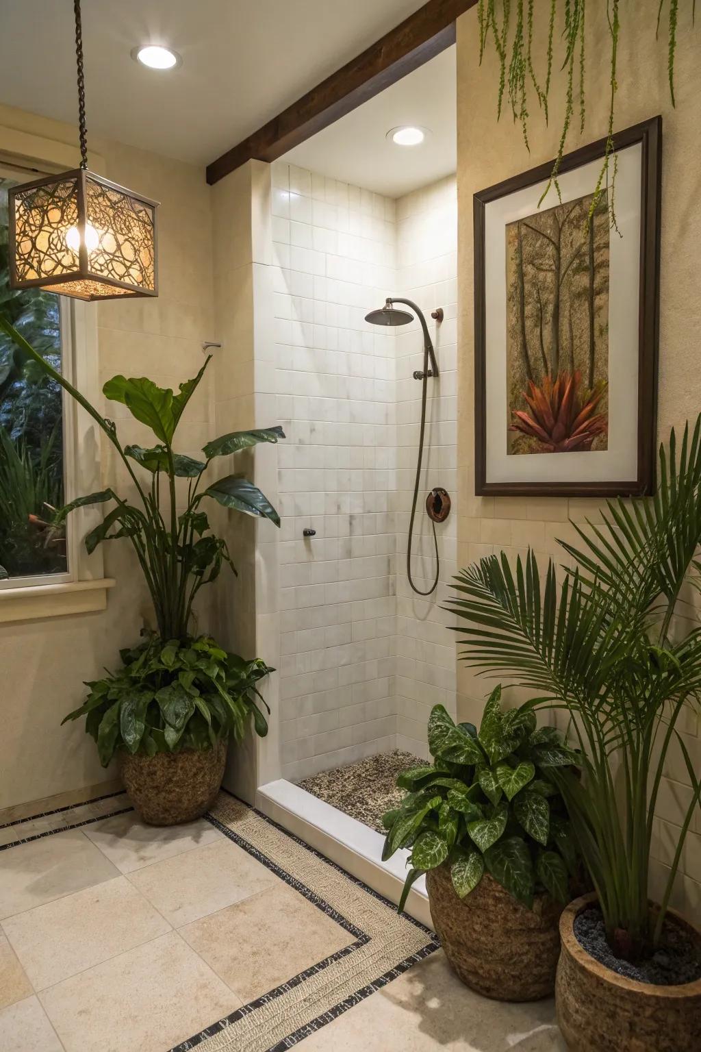 Stylish touches add character and warmth to a standup shower.