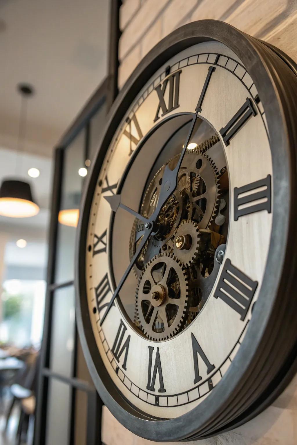 A mechanized timepiece emerges as a focal point through its elaborate, exposed gears.