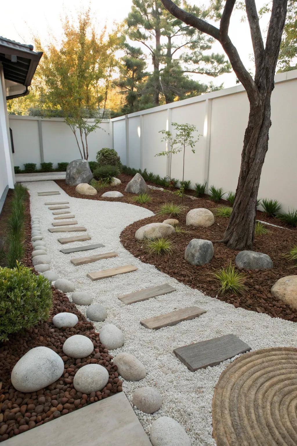 Embrace simplicity with simple stone and mulch arrangements.