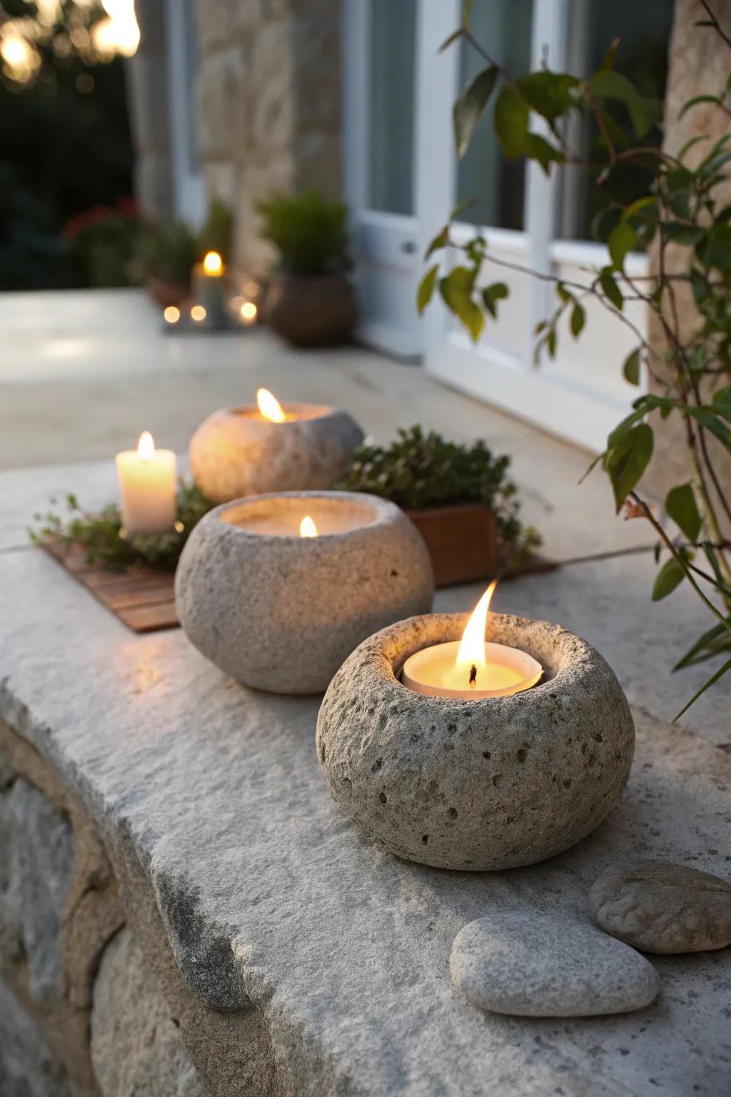 Natural stone candle vessels radiating a soothing ambient light.