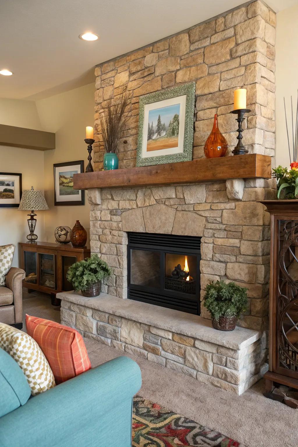 A creative environment featuring a stone fireplace exhibiting an artistic mantel presentation.