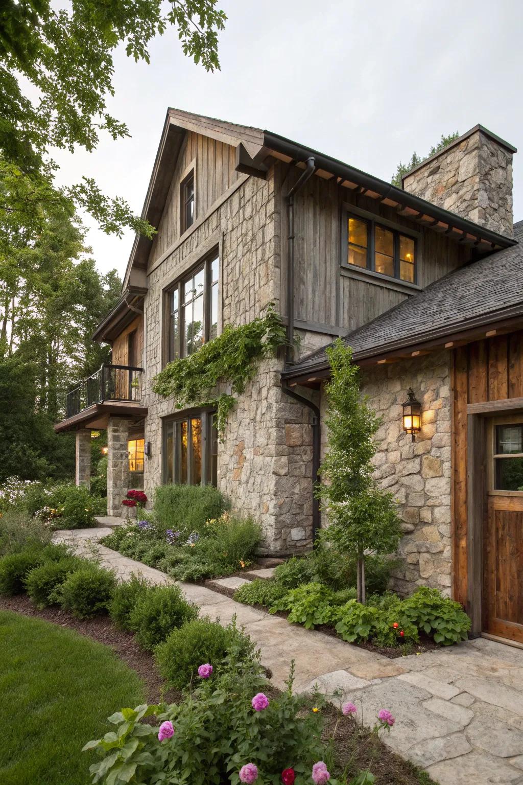 A harmonious house facade uniting stone and timber.