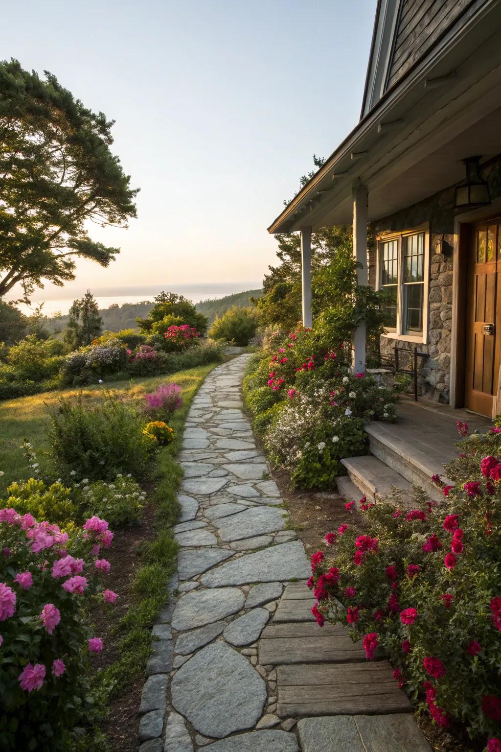 A stone trail entices visitors through organic splendor.