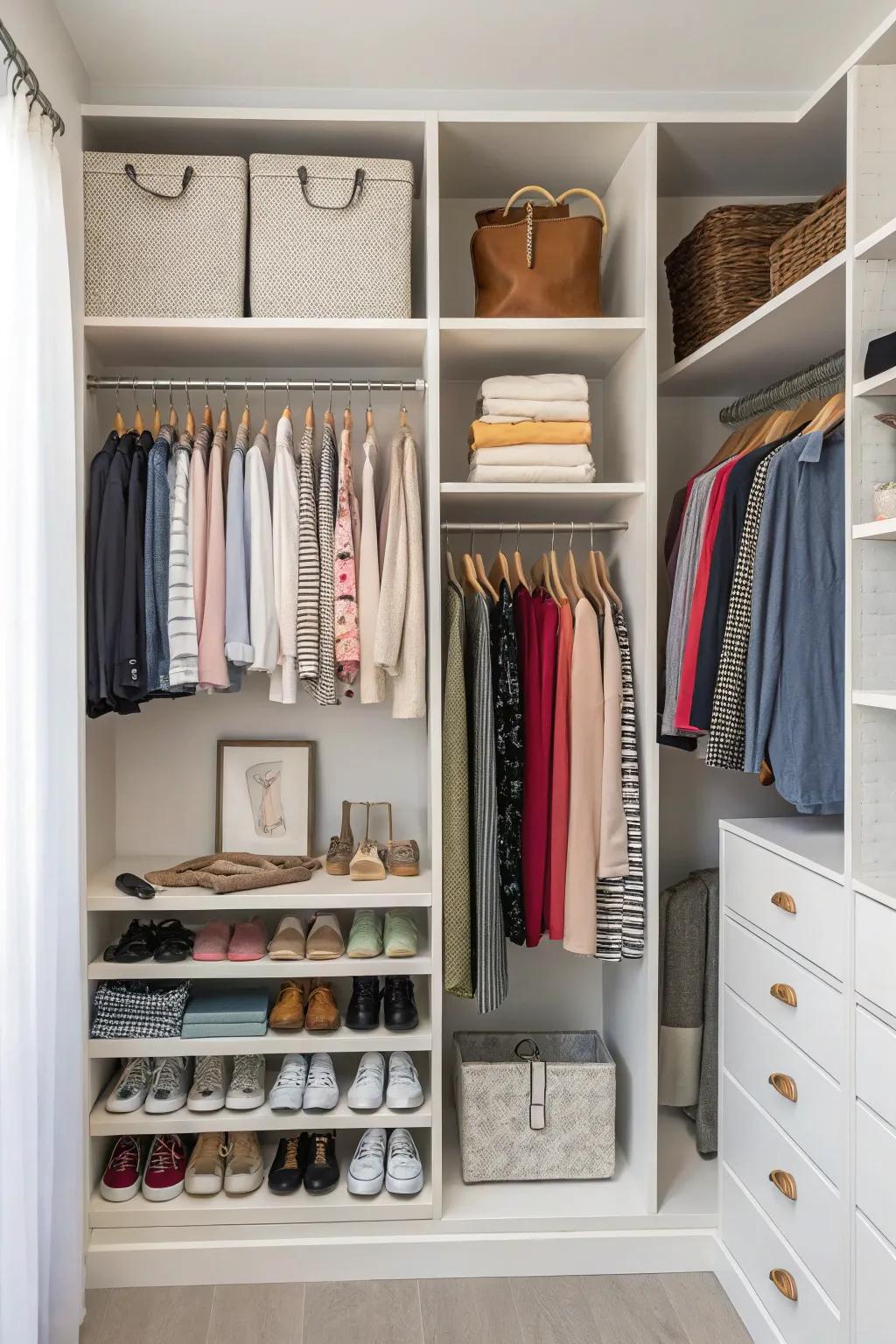 A well-appointed closet featuring a combination of shelves and hanging solutions, meticulously organized for effortless accessibility.