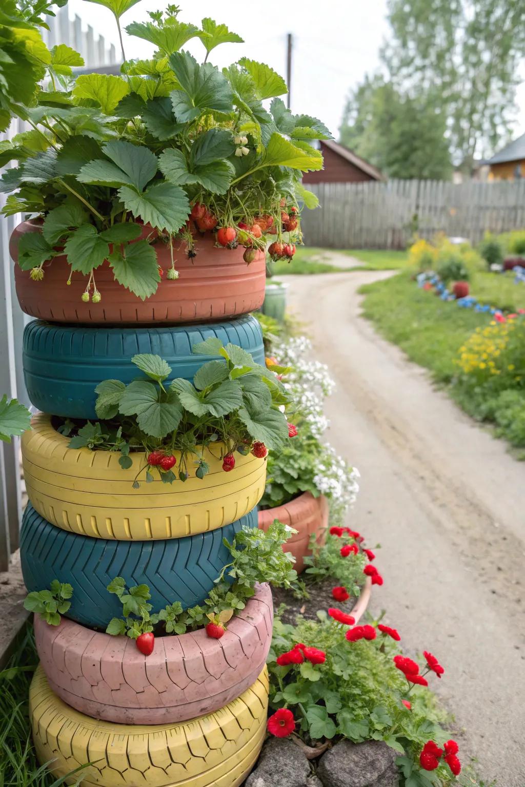 A vibrant tire tower brimming with luscious strawberries.