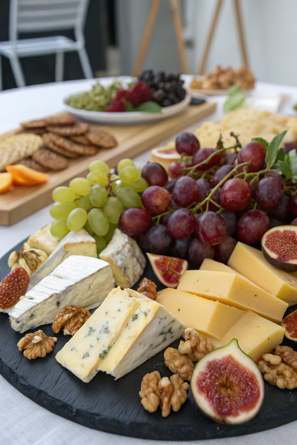 An elegant cheese and fruit display designed for summer gatherings.