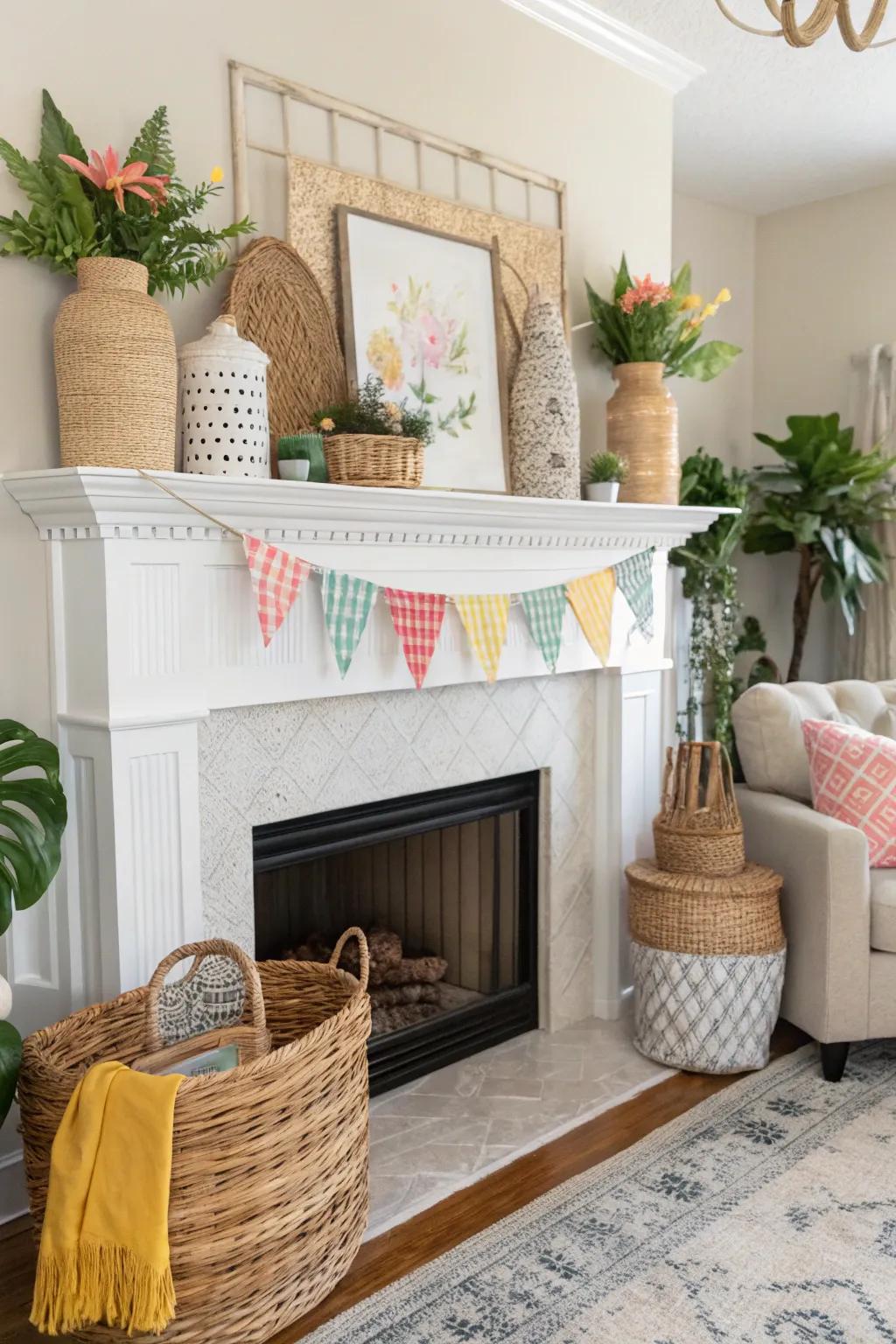Amalgamate disparate textures to cultivate an inviting and visually captivating mantel.
