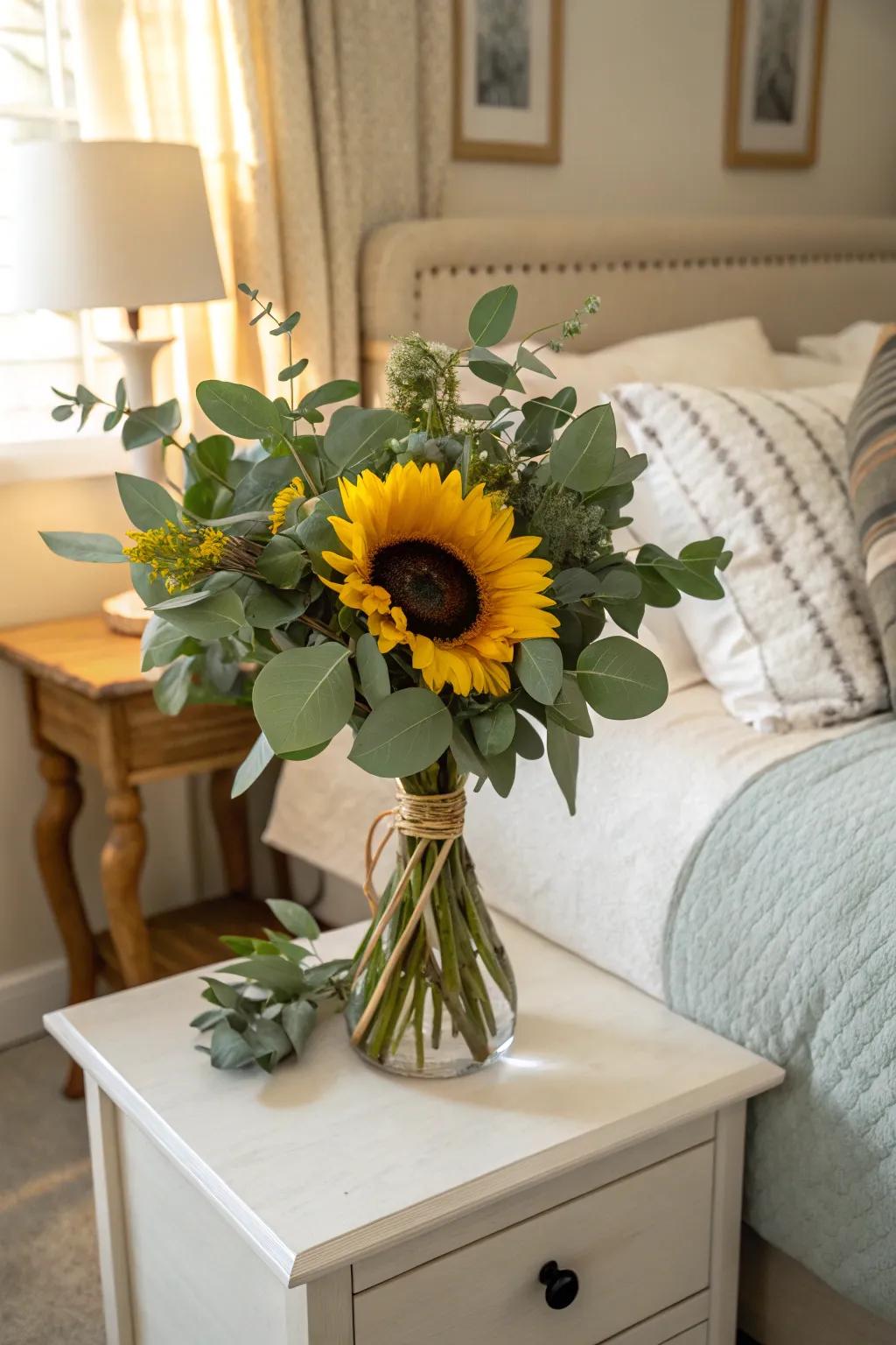 Cultivate a serene atmosphere with the blend of sunflowers and fragrant leaves.