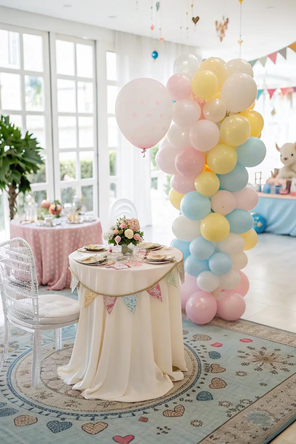 A capricious sweetheart table with a playful balloon arrangement.