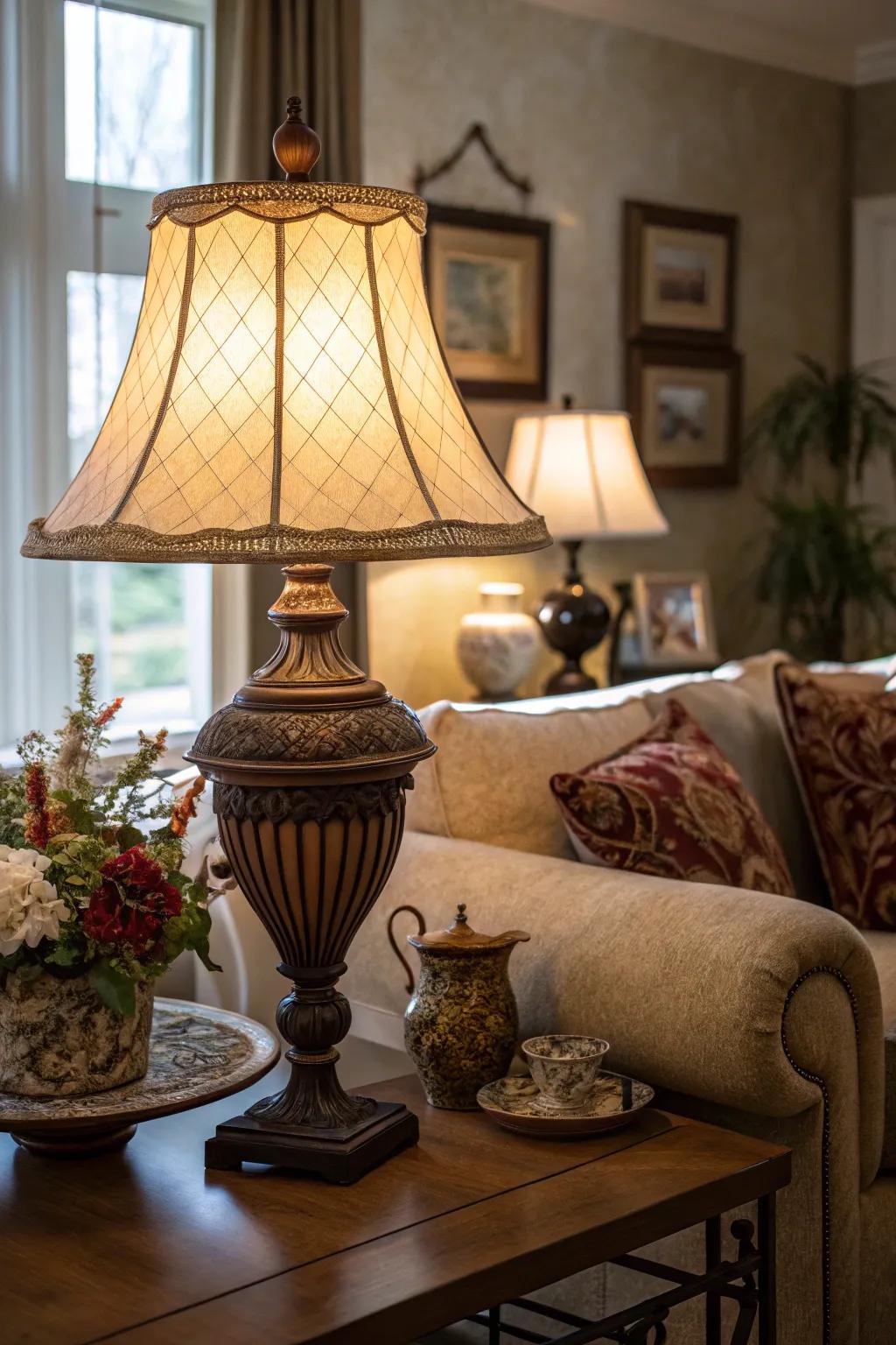 A table lamp casts a warm, inviting glow, crafting a cozy atmosphere in a living room.