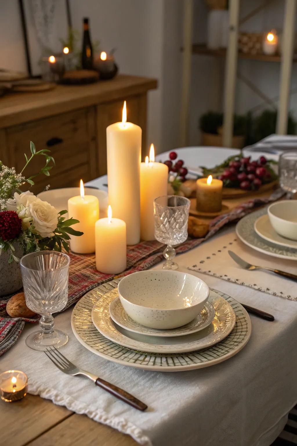 Luminaries infuse warmth and a captivating luminance into the table arrangement.