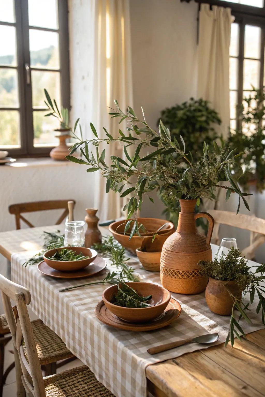 A Mediterranean-themed table arrangement with natural components.