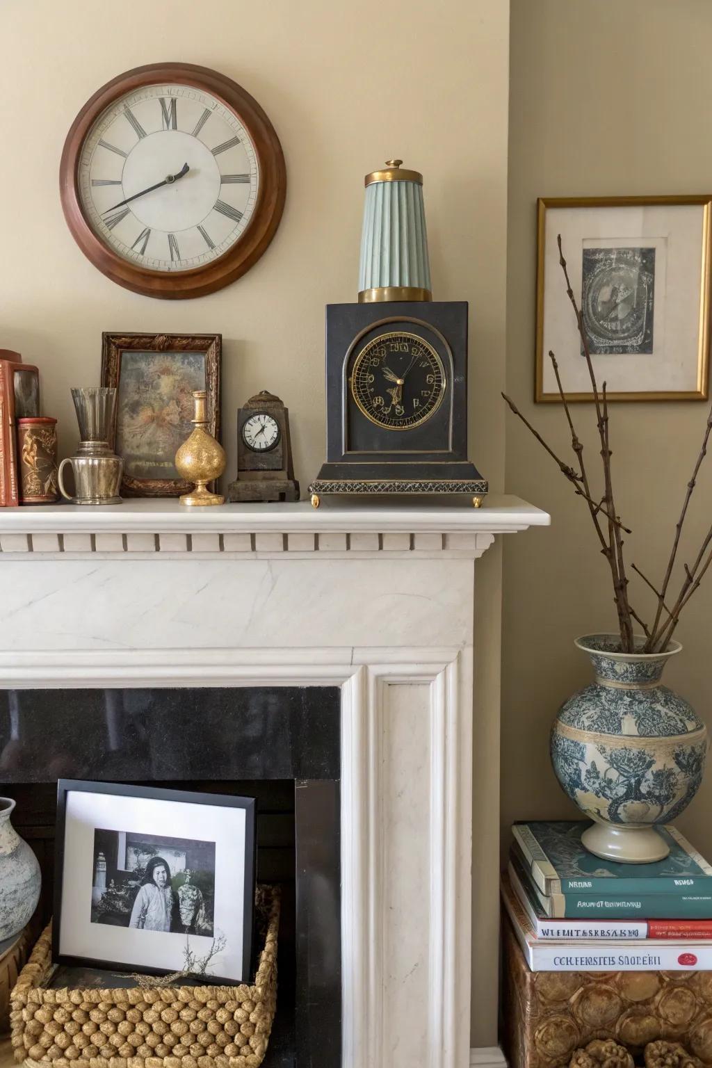 An elevated mantel featuring a combination of contemporary and vintage ornamentation, achieving an eclectic visual appeal.