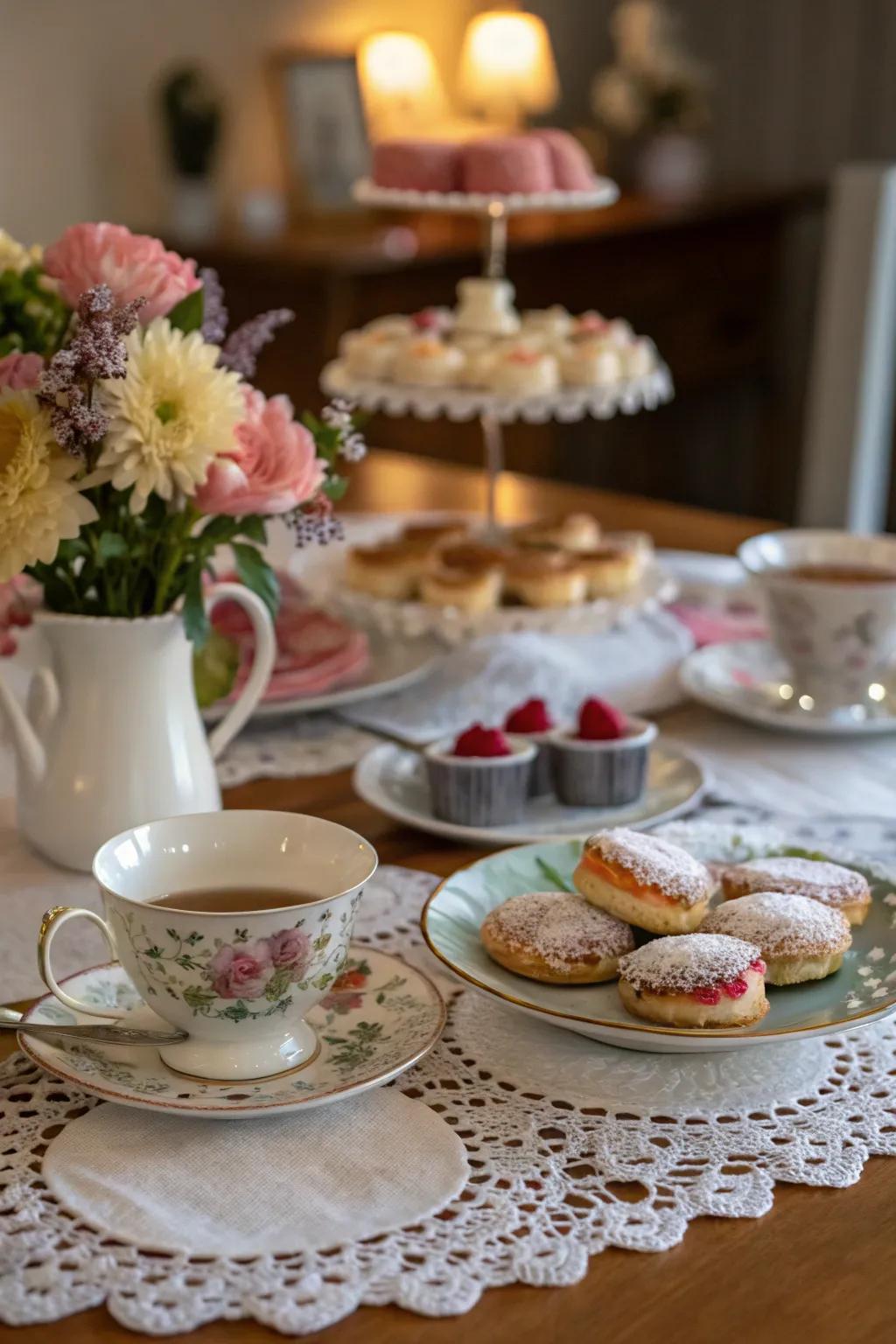 Delicate doilies impart a vintage accent to the table's style.