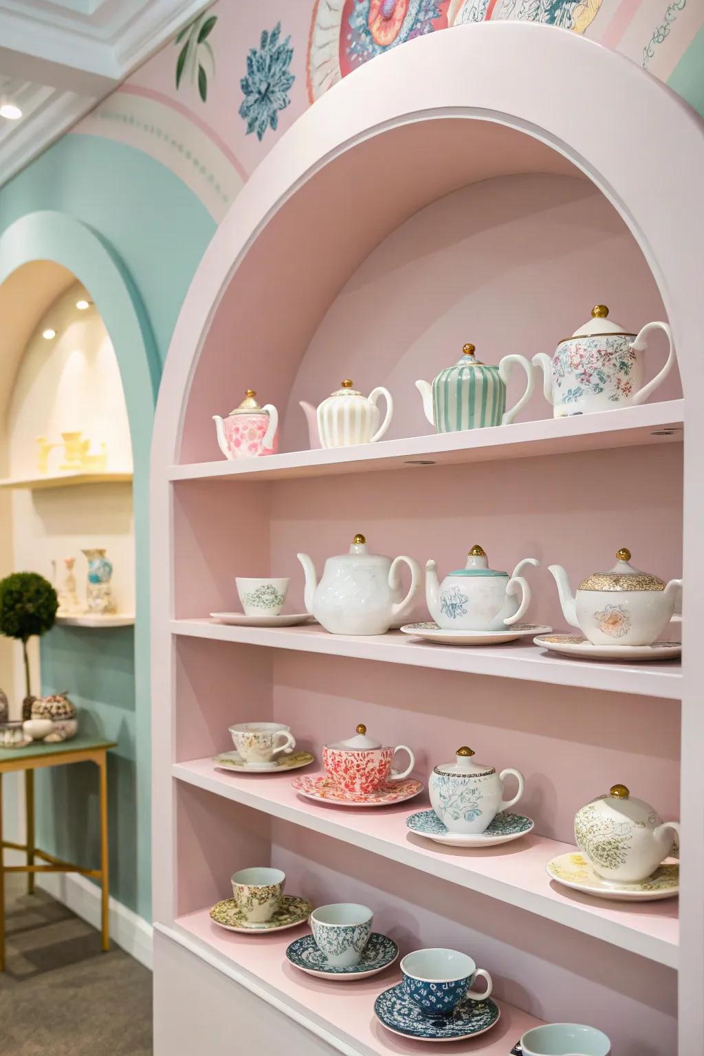 A tea set utilized as decorative art on open shelving.