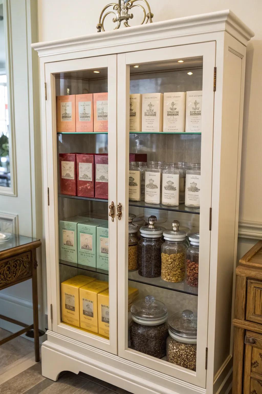 An elegant cabinet showcasing a tea assortment.