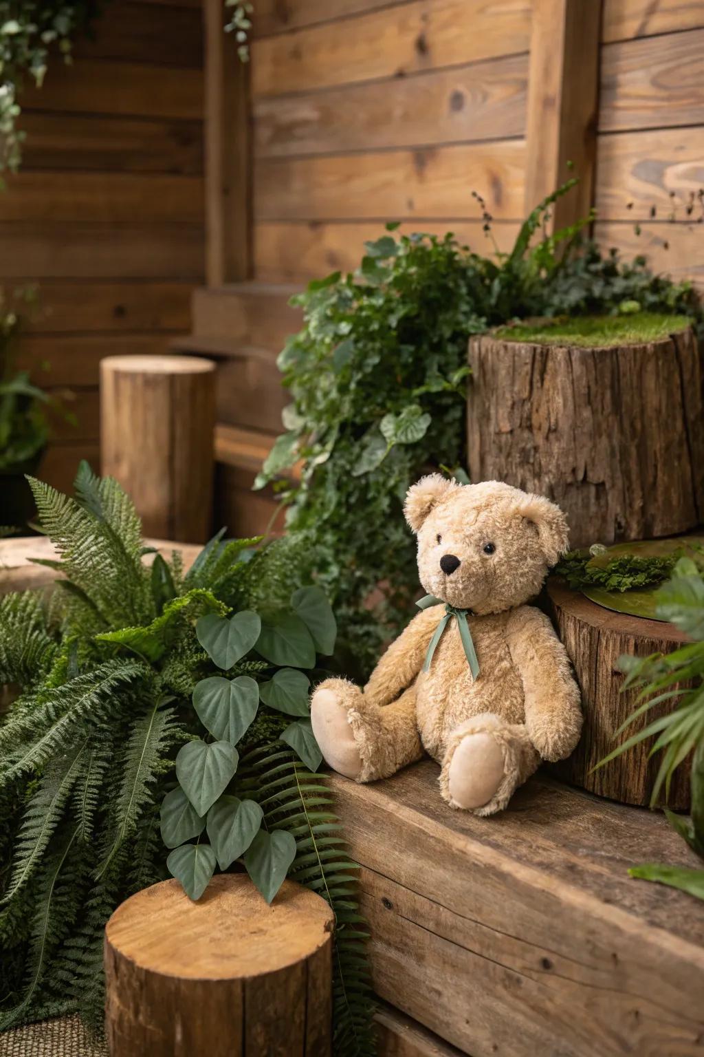 An embrace of nature with greenery and wooden textures.