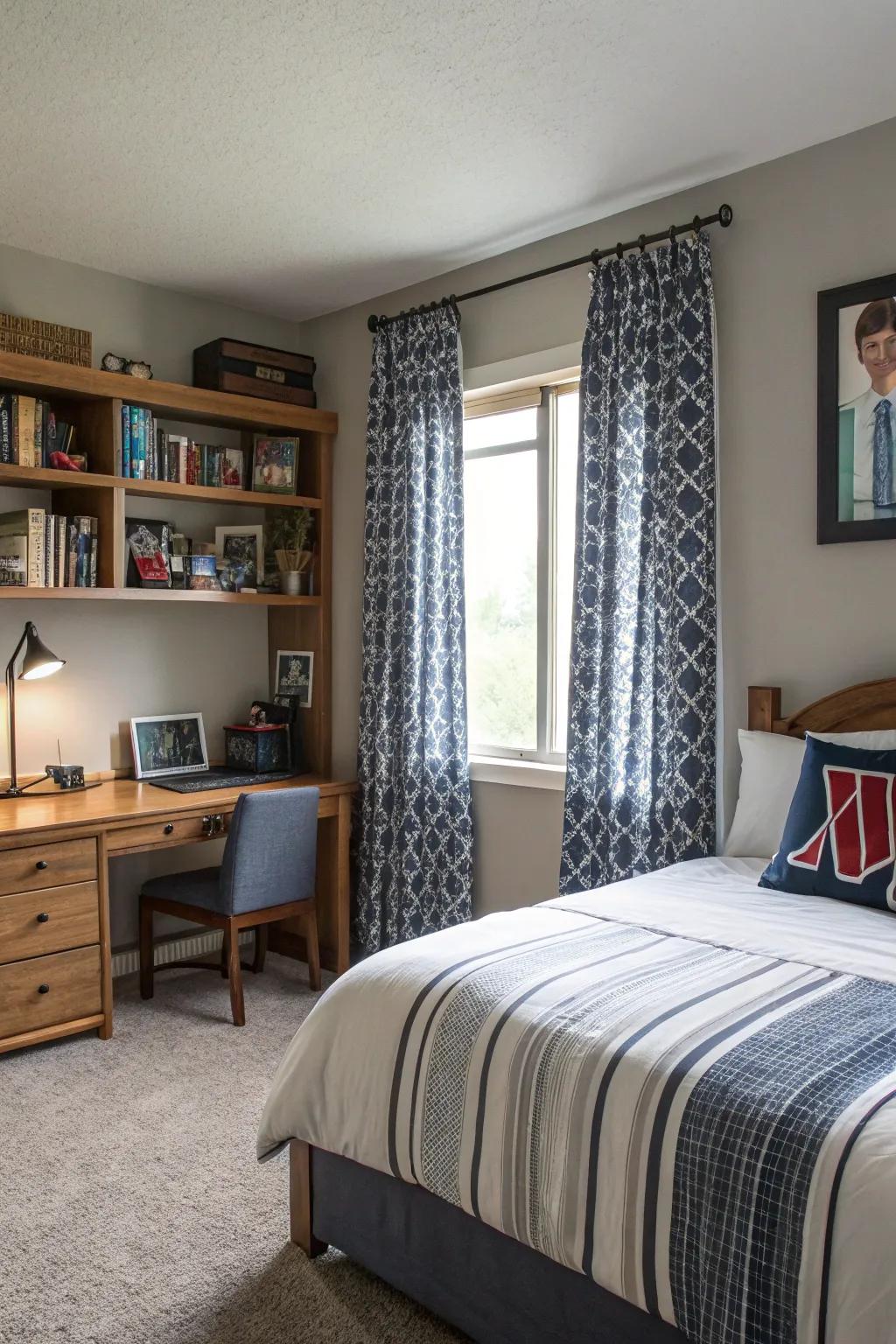 Textured curtains introduce warmth and refinement into the space.