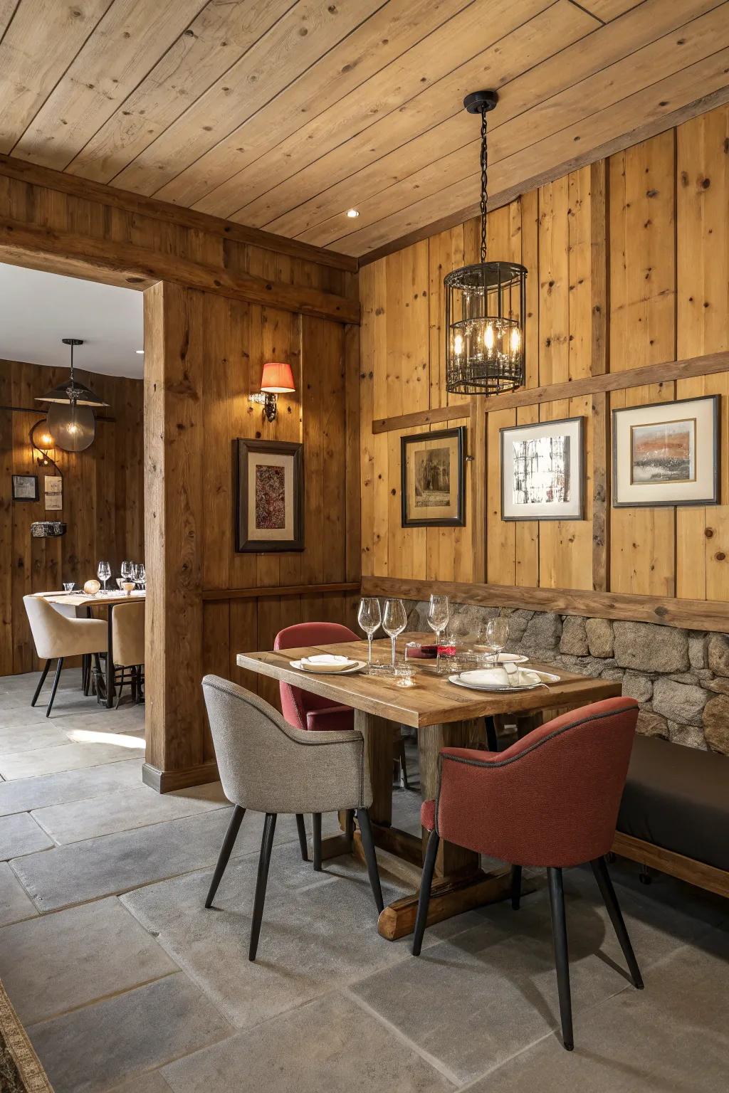 A dining space embellished with warm timber-panelled walls.