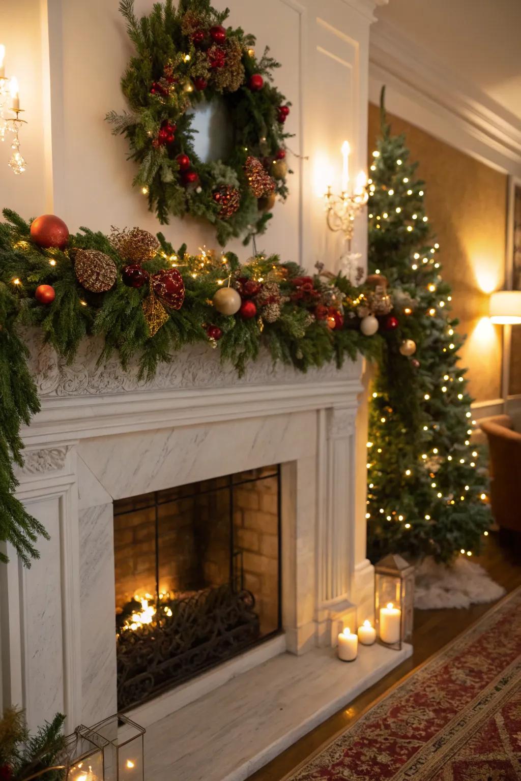 A pleasant mantel decorated with chains and fairy lights.
