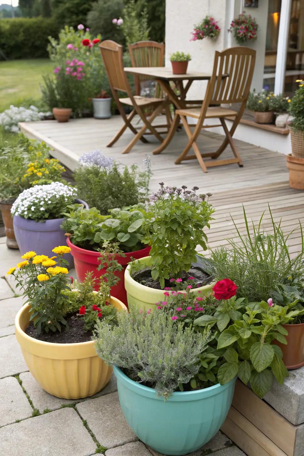 A lively container garden brimming with diverse plant life and colors.