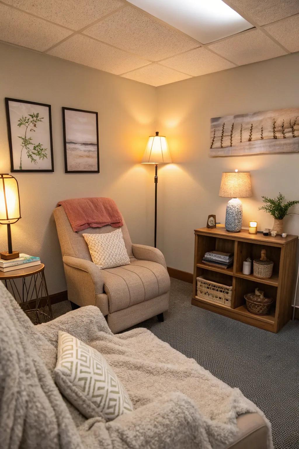 Warm lighting fosters a soothing environment.