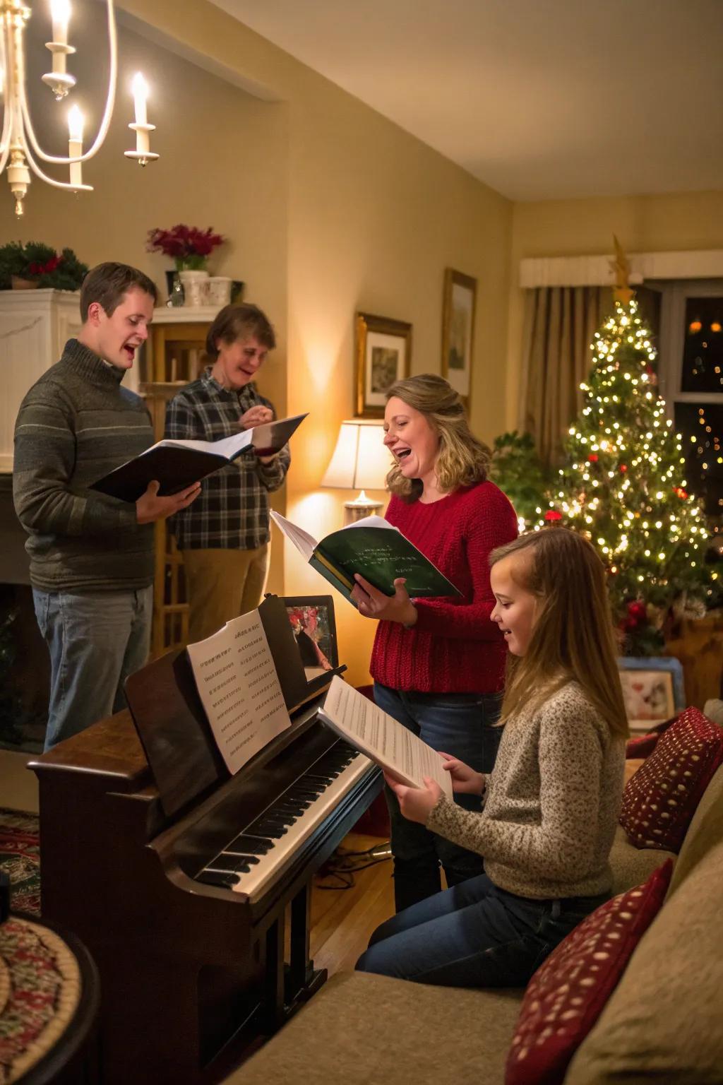 Family harmonizing together with classic Christmas carols.