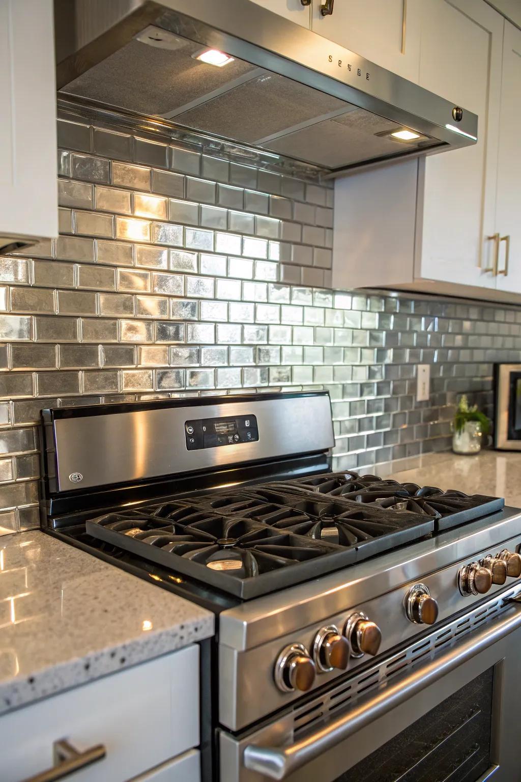 Reflective squares amplify light, enhancing the cooking area's modernity.