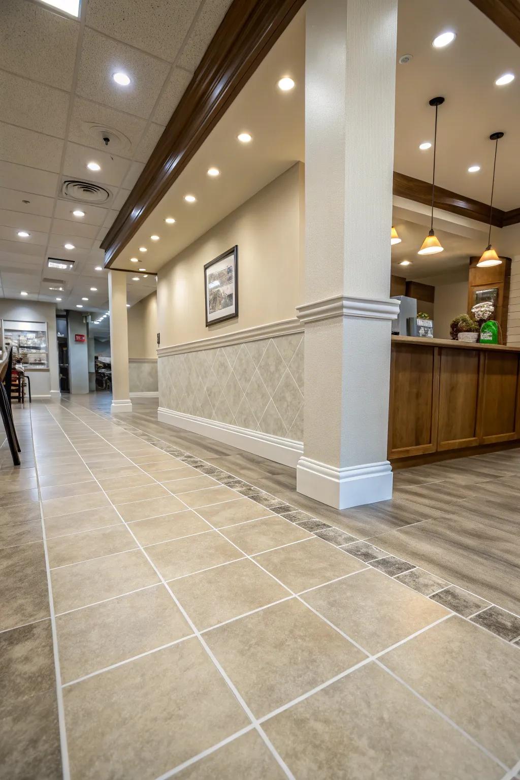 Angled trim offers a practical solution for high-traffic areas.