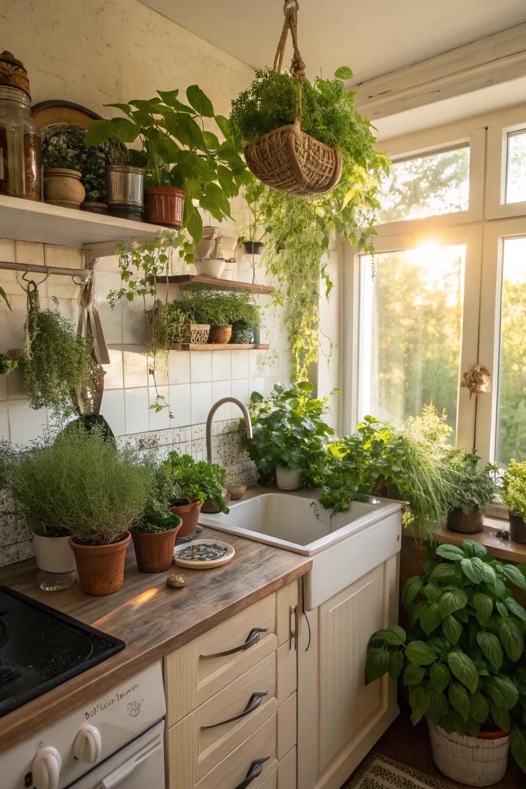 Incorporating flora infuses vitality and freshness into a compact kitchen.