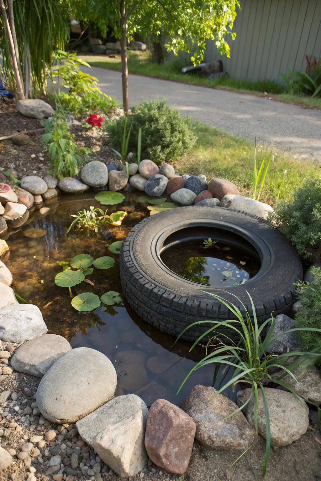 A subterranean tire water garden that integrates naturally with the garden milieu.
